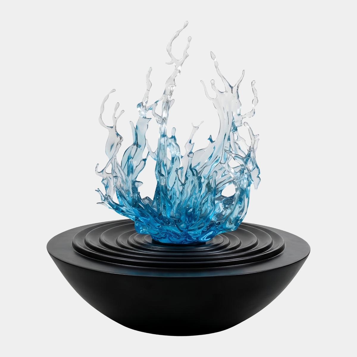 Blue & Clear Water Crown Resin Sculpture - 200cm, a splashing water-crown form in blue-to-clear resin atop a round black ringed base, shown on a plain white background.