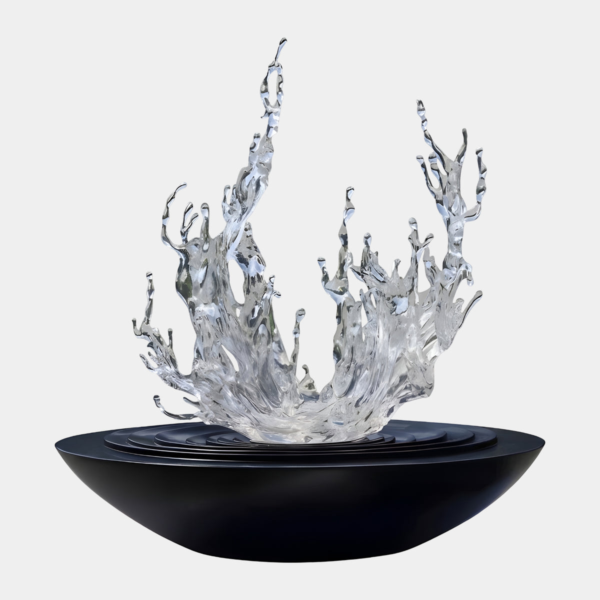 Clear Water Crown Resin Sculpture on Black Rippled Basin, 243cm, showing a crown-like splash of clear resin spouts rising from a wide black ripple-textured basin on a plain white background.