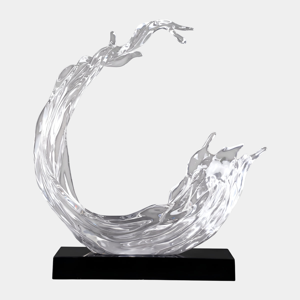 Clear Open Crescent Wave Cast Resin Sculpture, 77cm, curling into a crescent with forked crest on a black marble base, set against a plain light background.