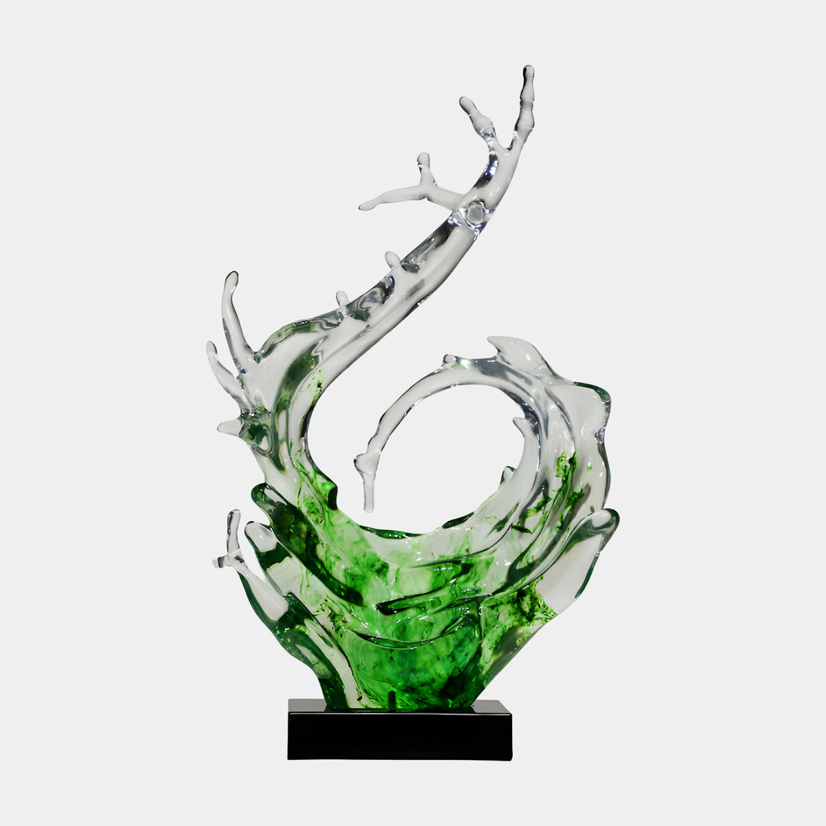 Green Wave Ring & Broken Crest Resin Sculpture, 102cm, swirling clear-to-green wave form with pointed crests on a black base, shown against a plain light grey background.