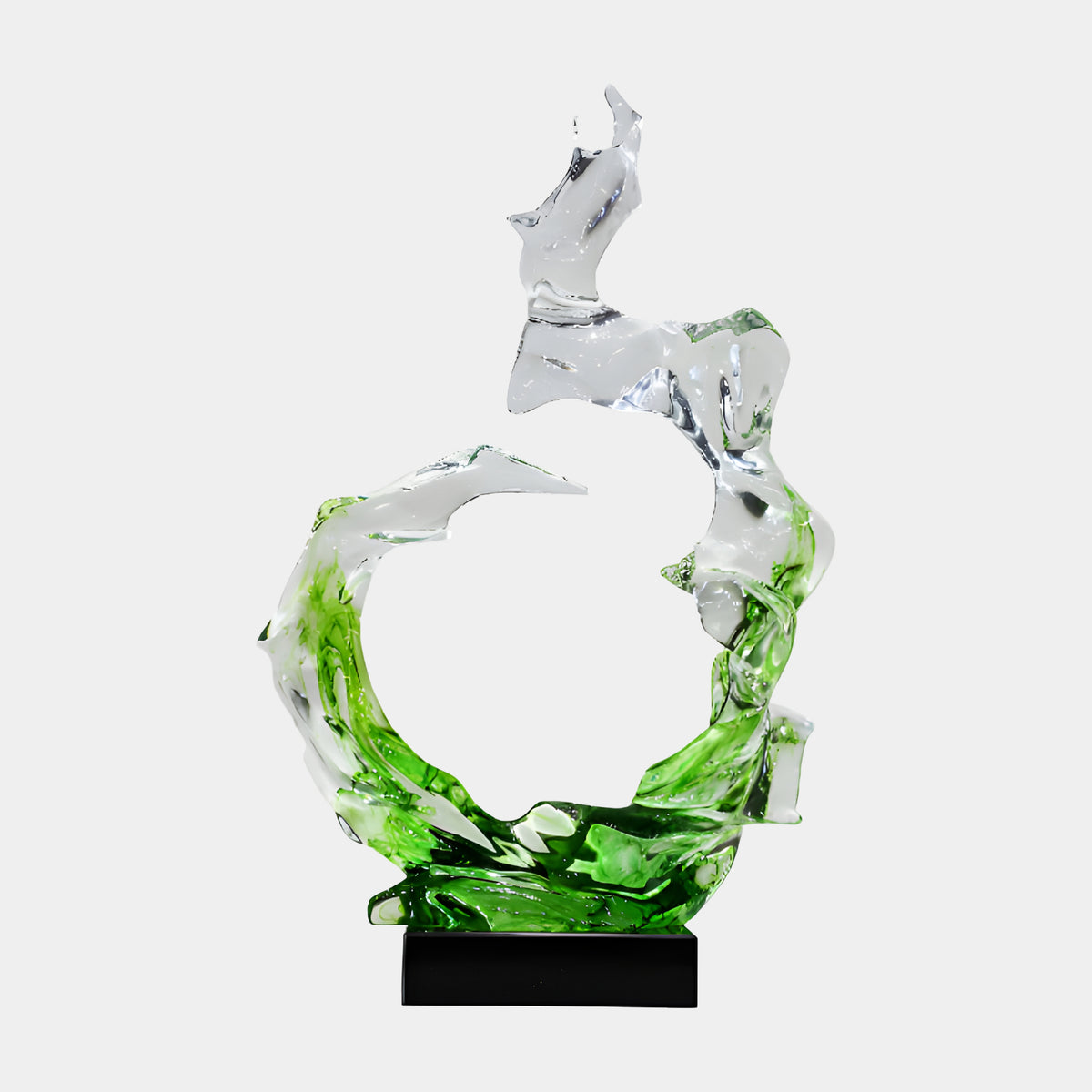 Green Wave Ring & Clear Crest Resin Sculpture by Giant Sculptures, 88cm, green base fading to clear curled crest, on black base, plain white background.