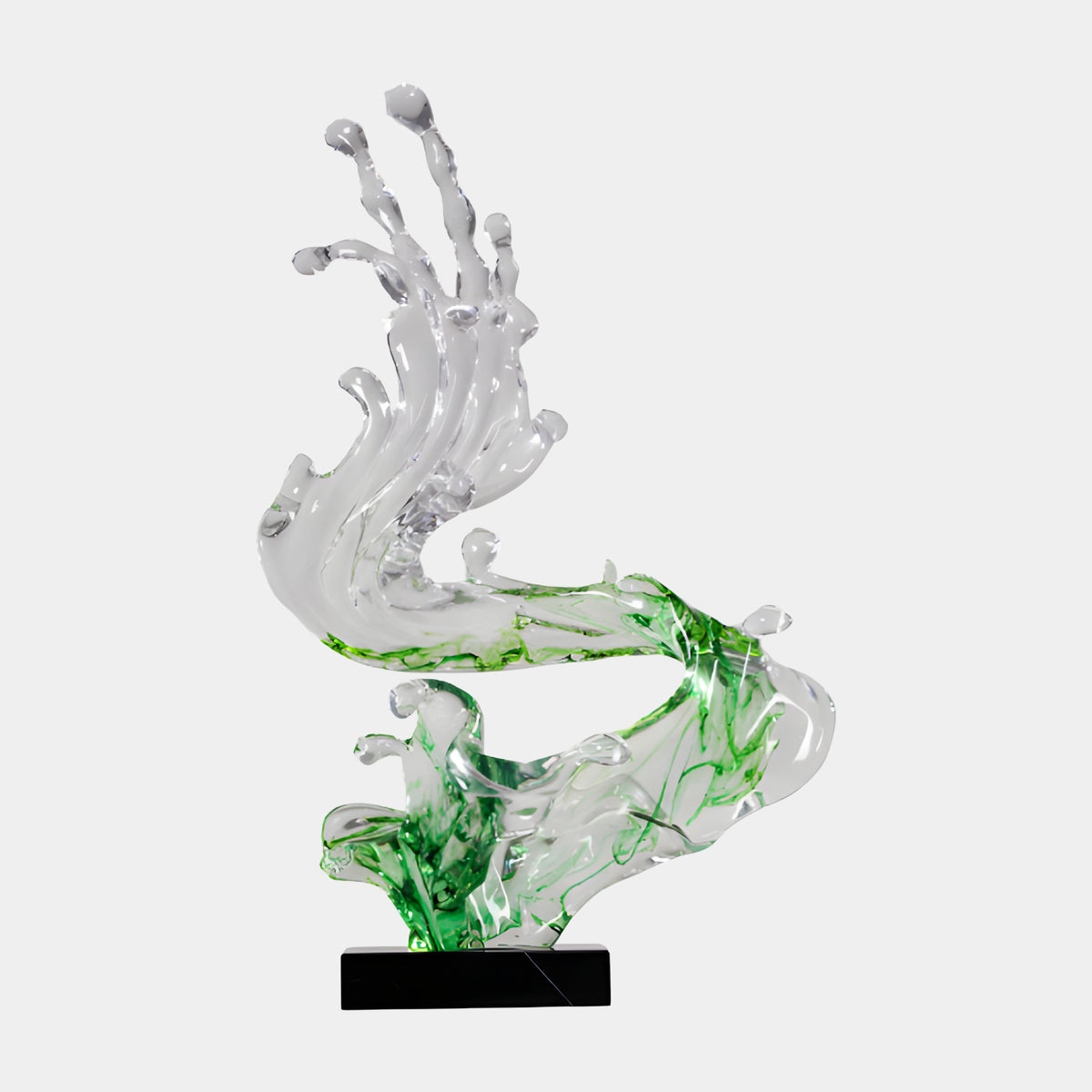 Green Splash & Droplet Crest Resin Sculpture, 102cm, clear wave-like fingers with droplet tips rising from green-streaked base, on black block, white background.