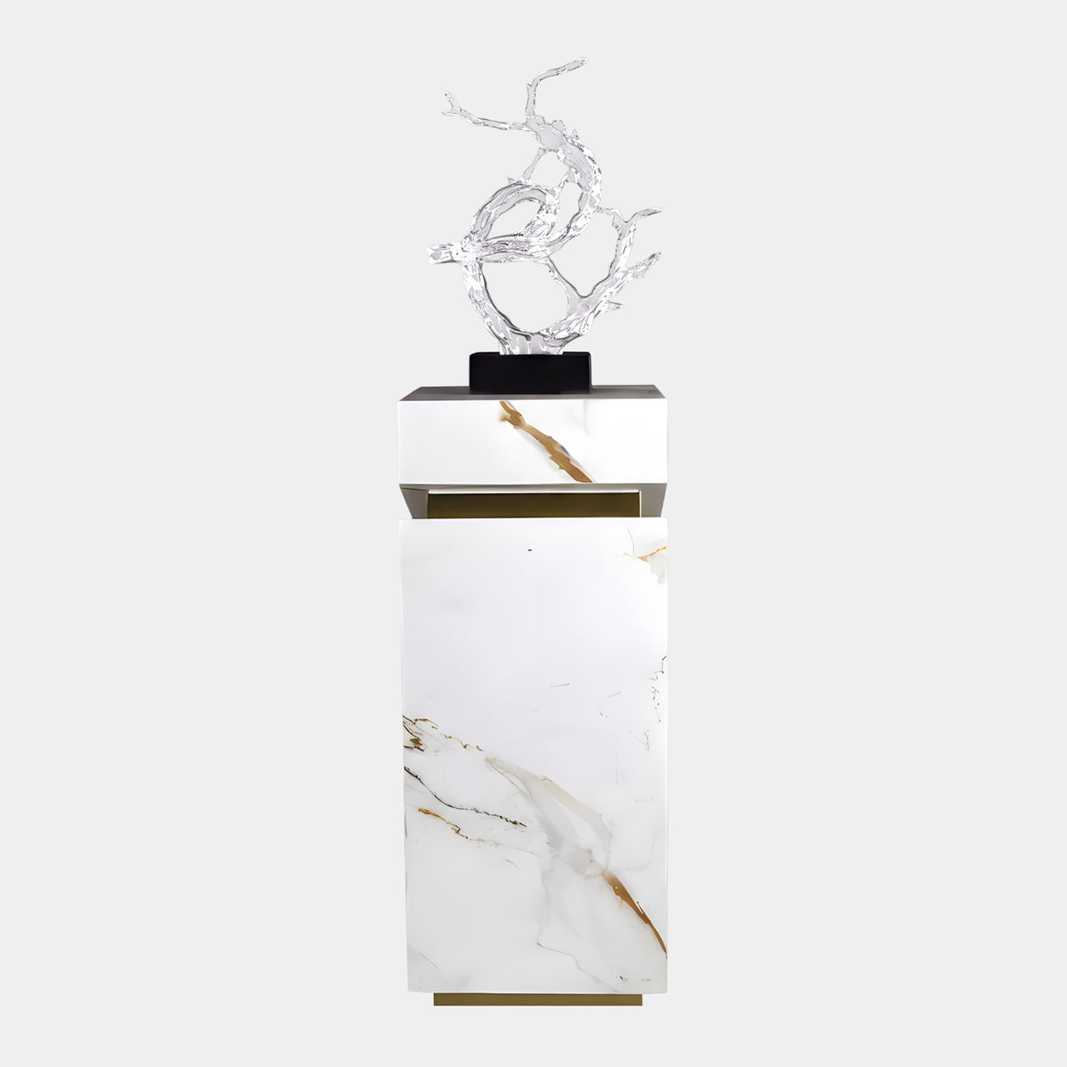 Clear Branching Splash on Marble Stand Resin Sculpture - 157cm, a coiled coral-like form on a black base atop a gold-veined white marble stand, shown against a plain light background.