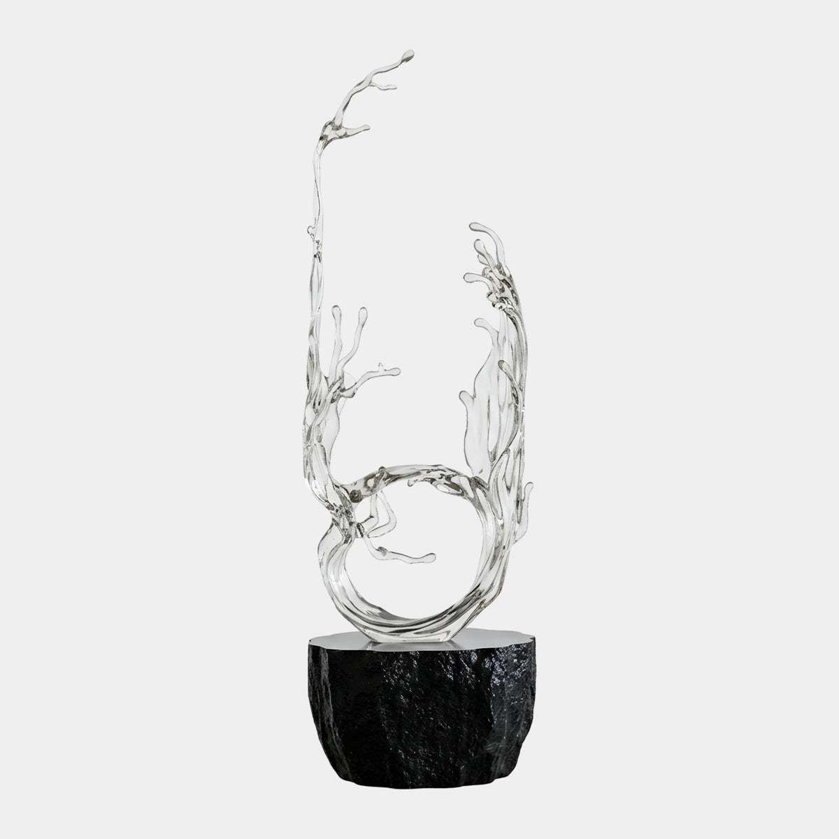 Clear Ring & Twin Plume Splash Resin Sculpture - 229cm, a looping water-ring form with two rising spray plumes, on a black base against a plain white background.