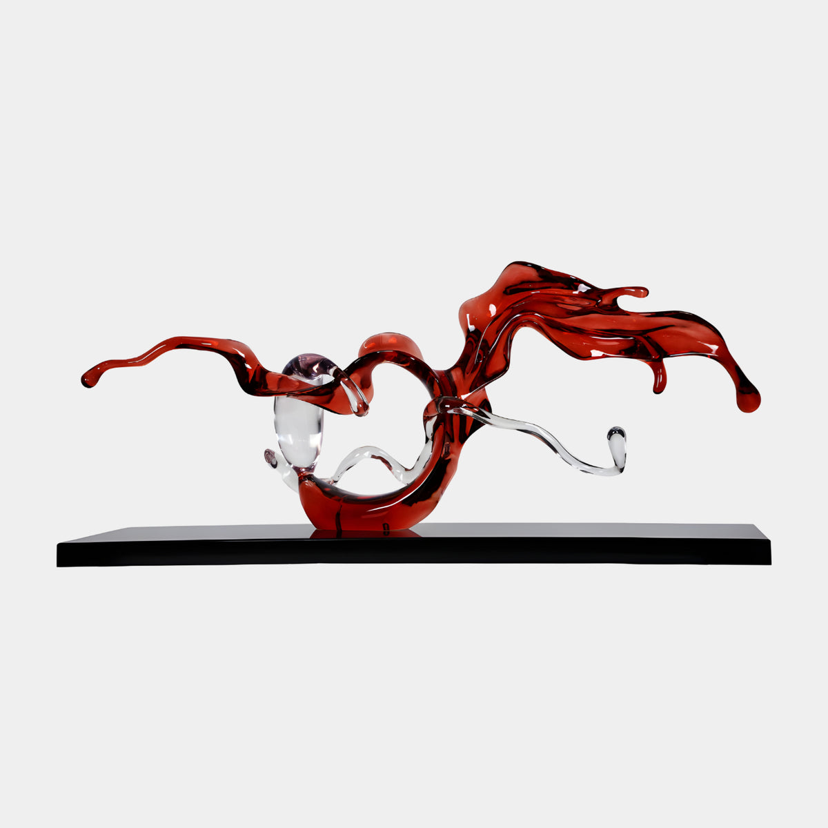 Red Horizontal Splash Cast Resin Sculpture, 120cm, with a looped base, clear droplet accent, and flared ribbon forms on a black base, shown against a plain white background.