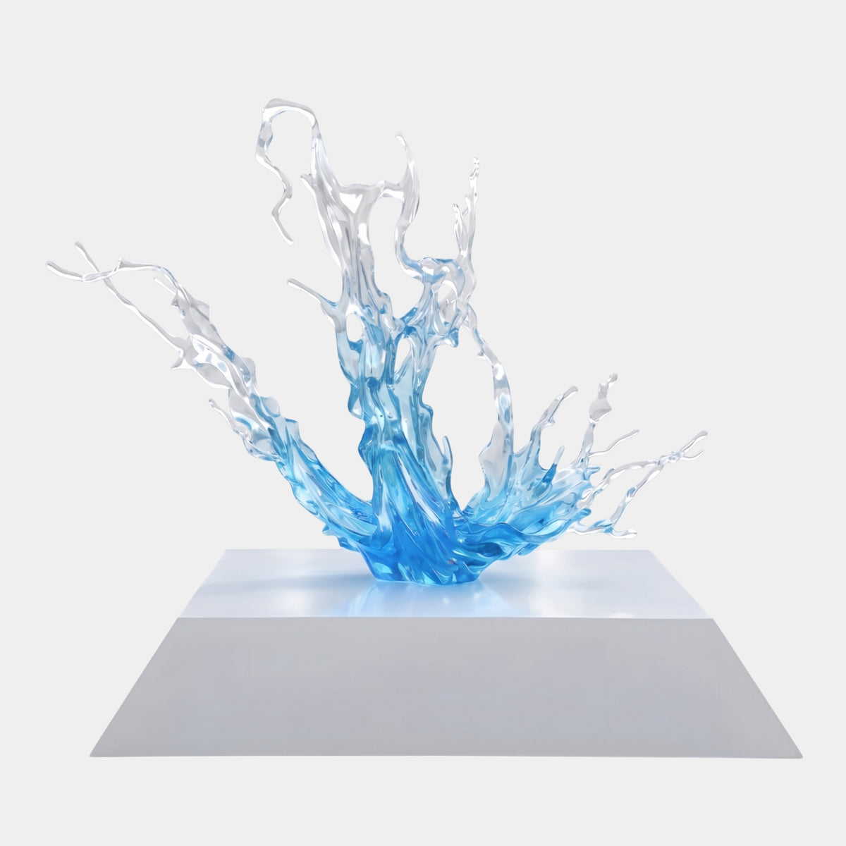 Blue & Clear Bursting Splash Resin Sculpture - 181cm by Giant Sculptures, azure core with clear splashing arms on a white metal base, plain light background.