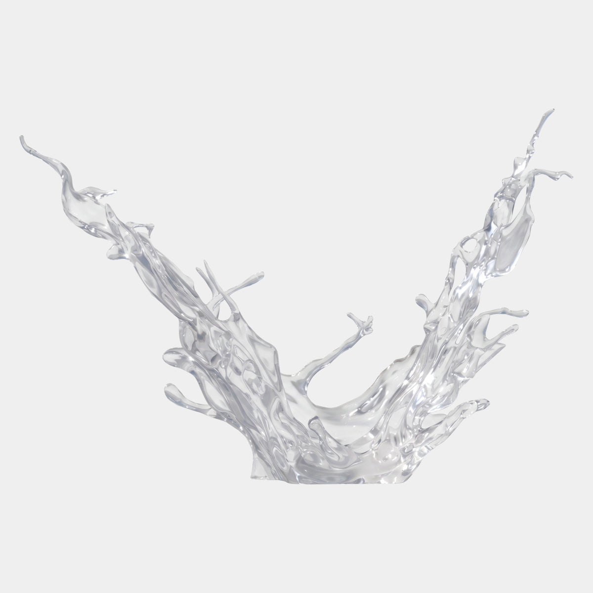 Clear Wide Swept Splash Resin Sculpture - 130cm by Giant Sculptures, a wide V-shaped wave with a bending tip, shown on a plain white background.