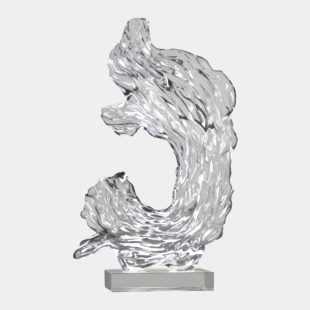 Clear Ribbed Curling Wave Cast Resin Sculpture (144cm) in ribbed clear resin on a clear block base, shown against a plain white background.