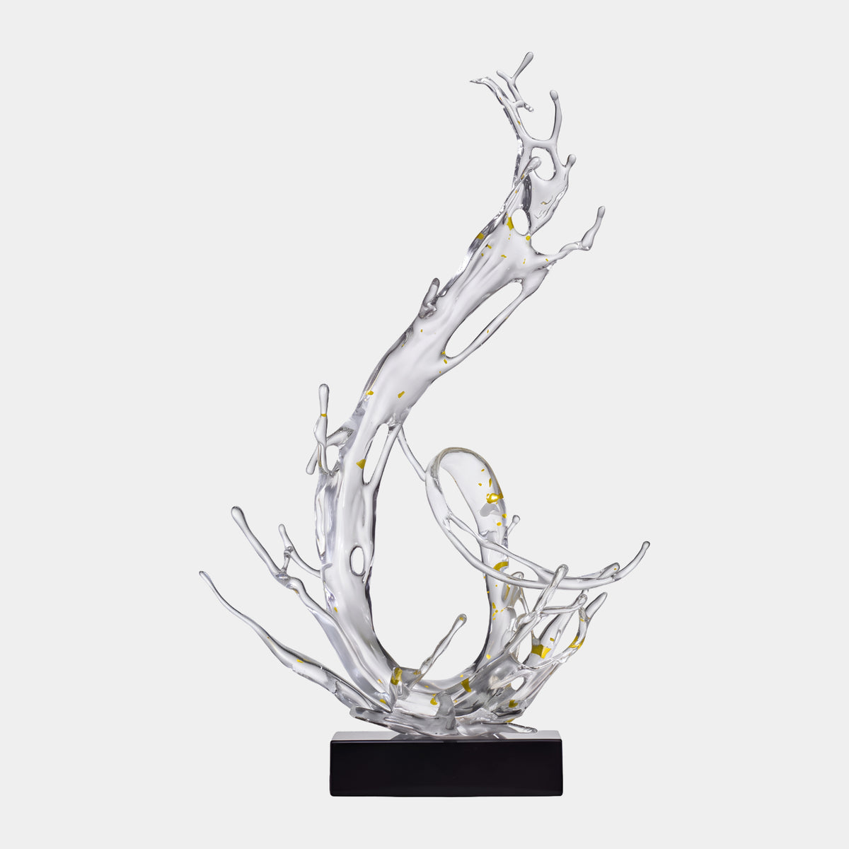 Clear Gold Fleck Arm & Loop Splash Resin Sculpture, 86cm, on a black rectangular base against a plain light grey background.