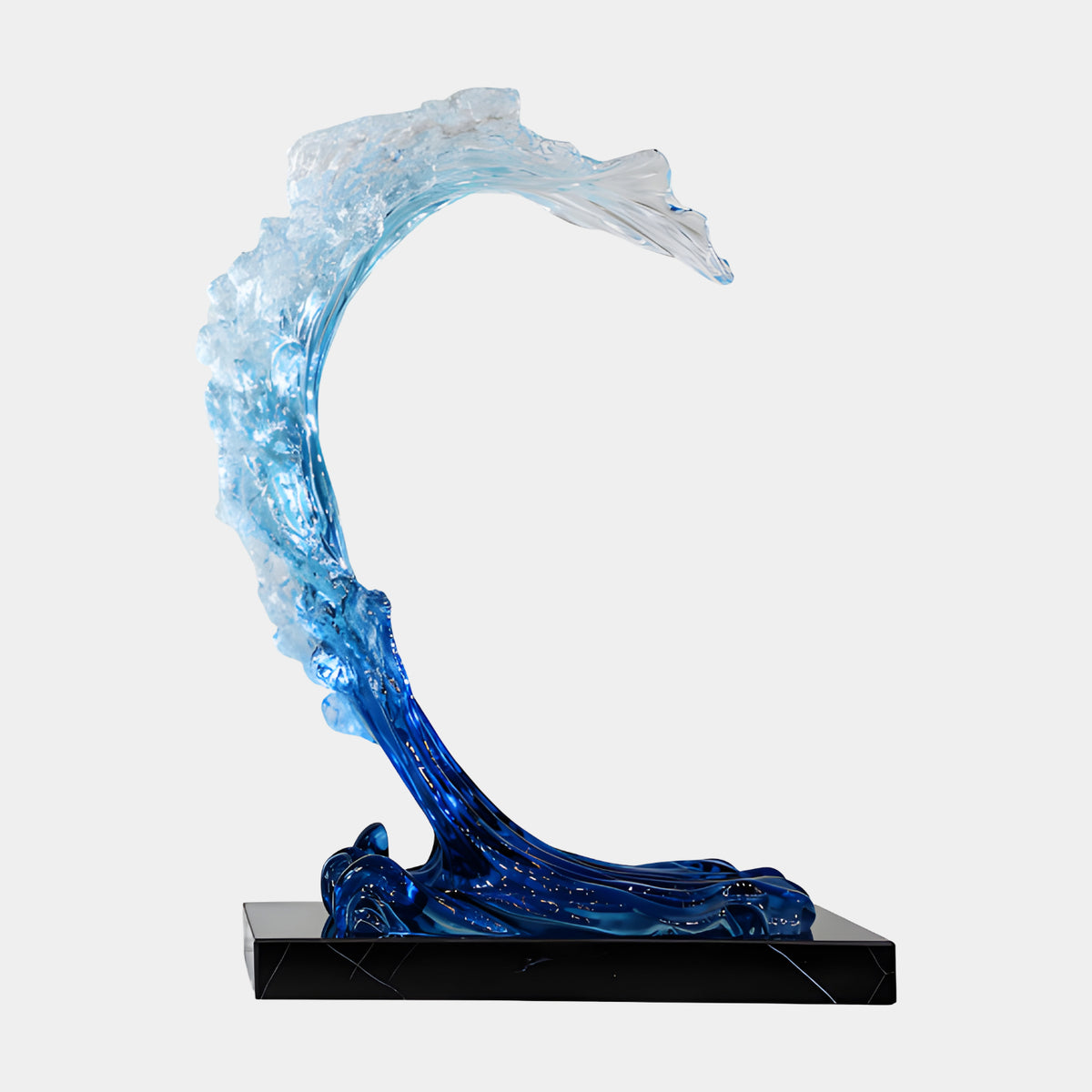 Blue Frothing Breaking Crest Resin Sculpture, 105cm, curling wave with white frothy crest over deep blue base, on a black stand, plain light background.