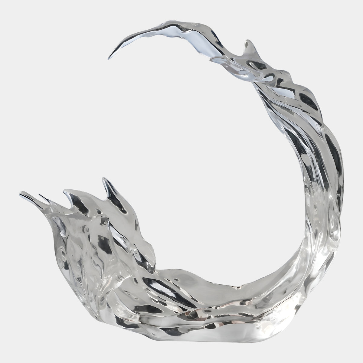 Clear Open Crescent Wave Resin Sculpture, 200cm, showing a glossy crescent-shaped wave form with a tapering point, set against a plain white background.