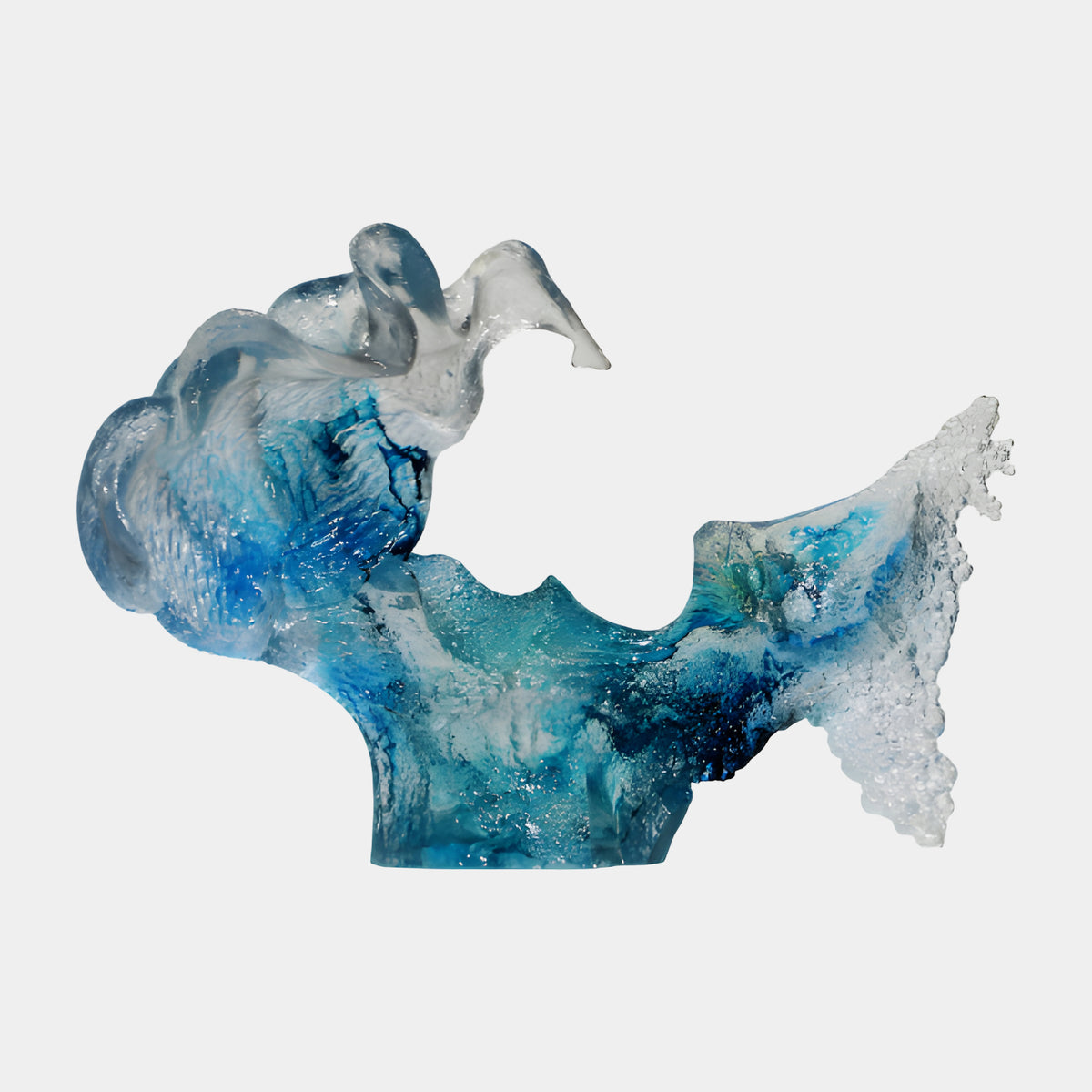 Blue & White Frothing Crest Resin Sculpture - 65cm, a wave-form piece with a glassy blue curling crest and granular white foam spray, shown on a plain white background.