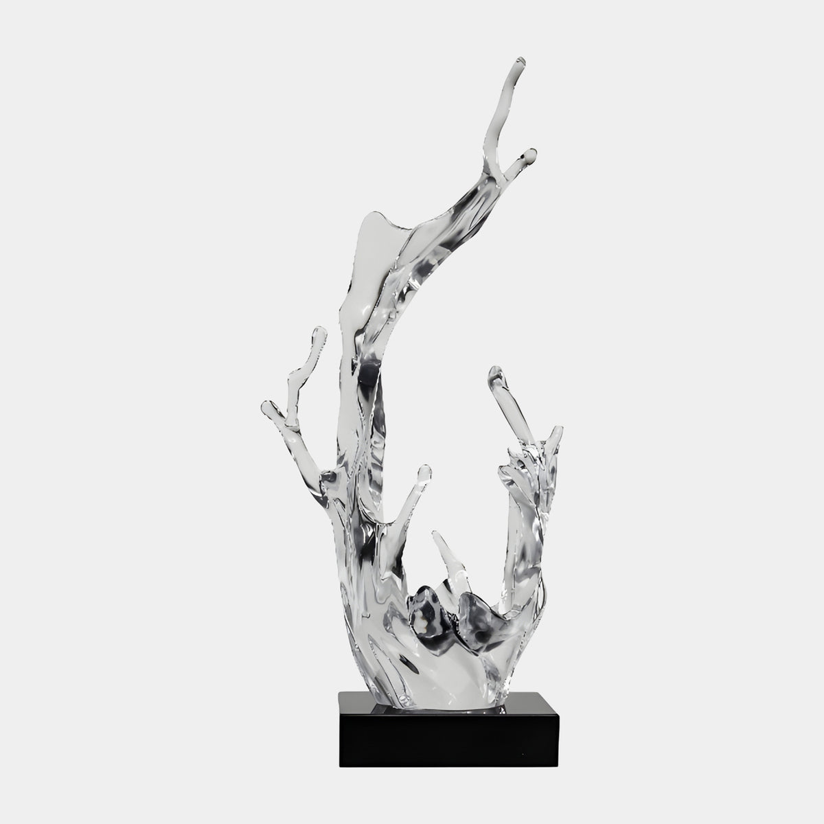 Clear Leading Arm Rising Splash Resin Sculpture, 82cm, with a tall forked arm above shorter branching fingers on a black base, set against a plain white background.