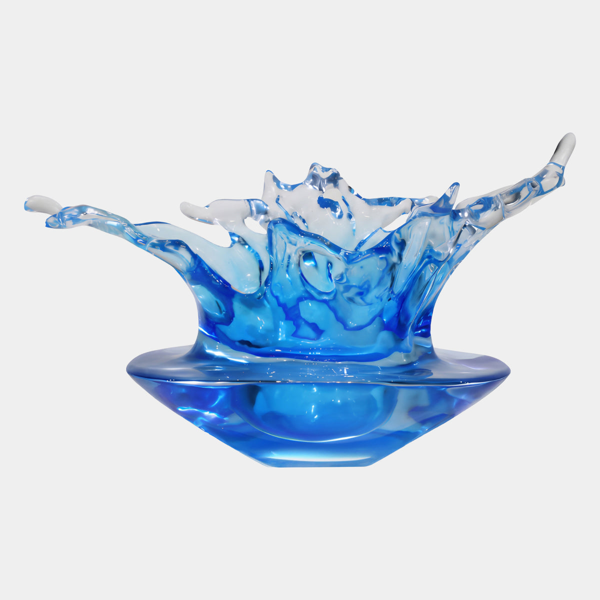 Blue Crown in a Wide Saucer Resin Sculpture - 80cm, a blue splash-form crown with white-tipped fingers and two reaching arms rising from a wide saucer base, shown on a plain light background.