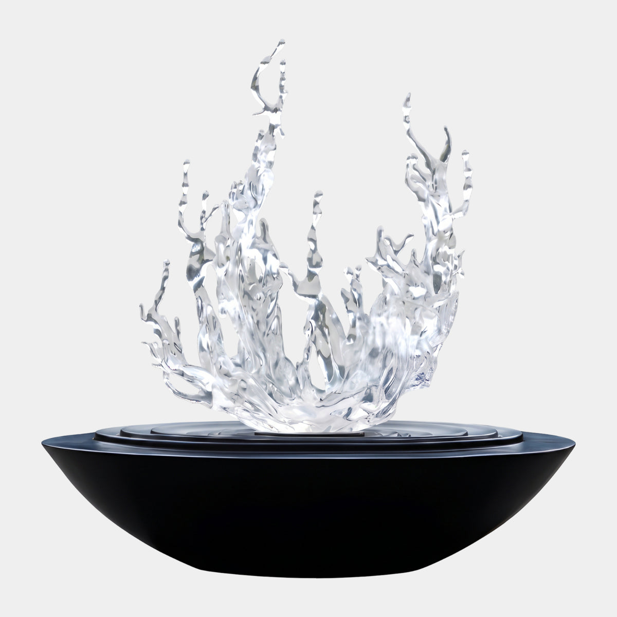 Clear Leaping Crown on Black Bowl Resin Sculpture - 185cm, with clear resin water splashes rising from a wide black fibreglass bowl, shown on a plain white background.