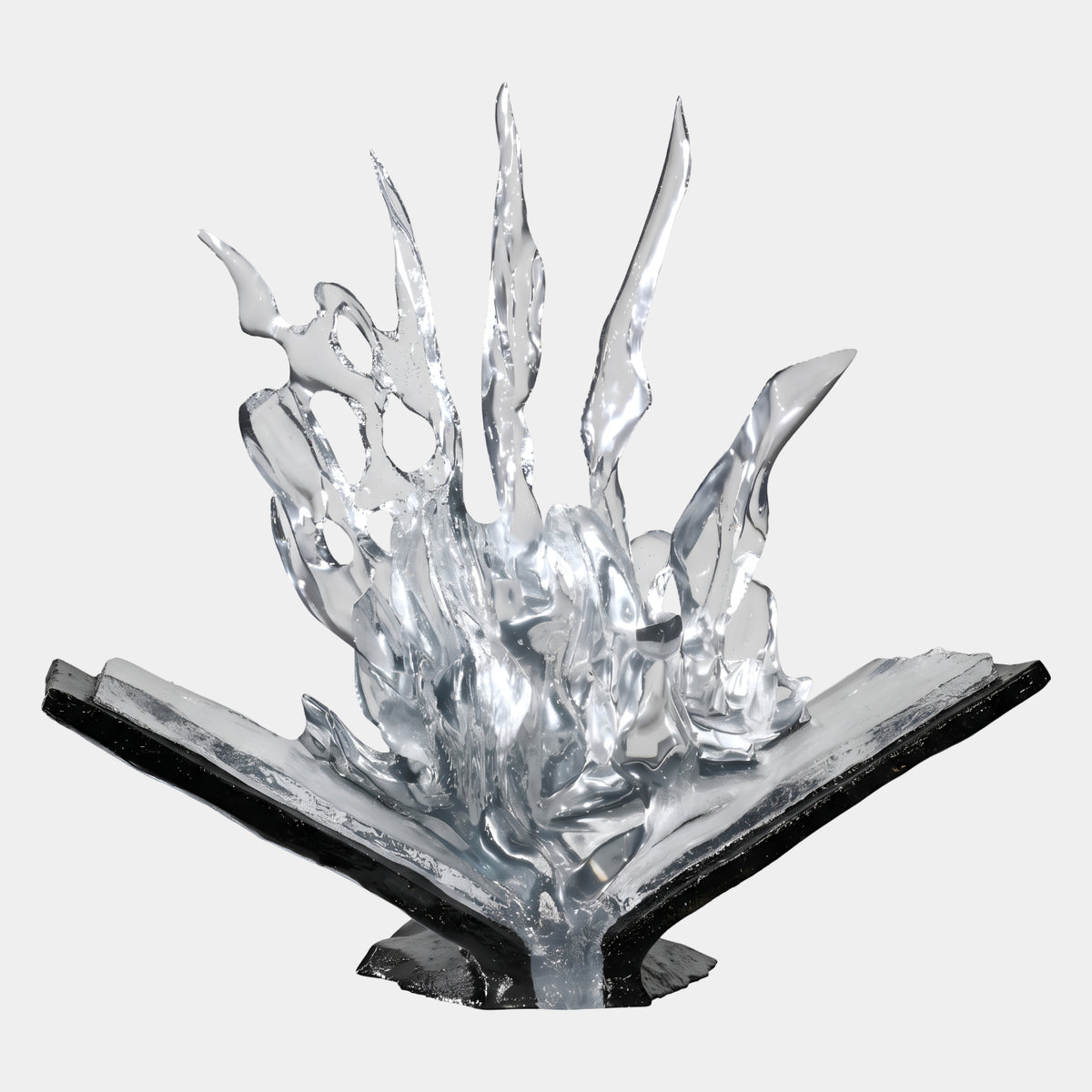 Clear Splash & Open Book Cast Resin Sculpture, 61cm, with glossy black open book base and clear resin water blades rising above, on a plain white background.