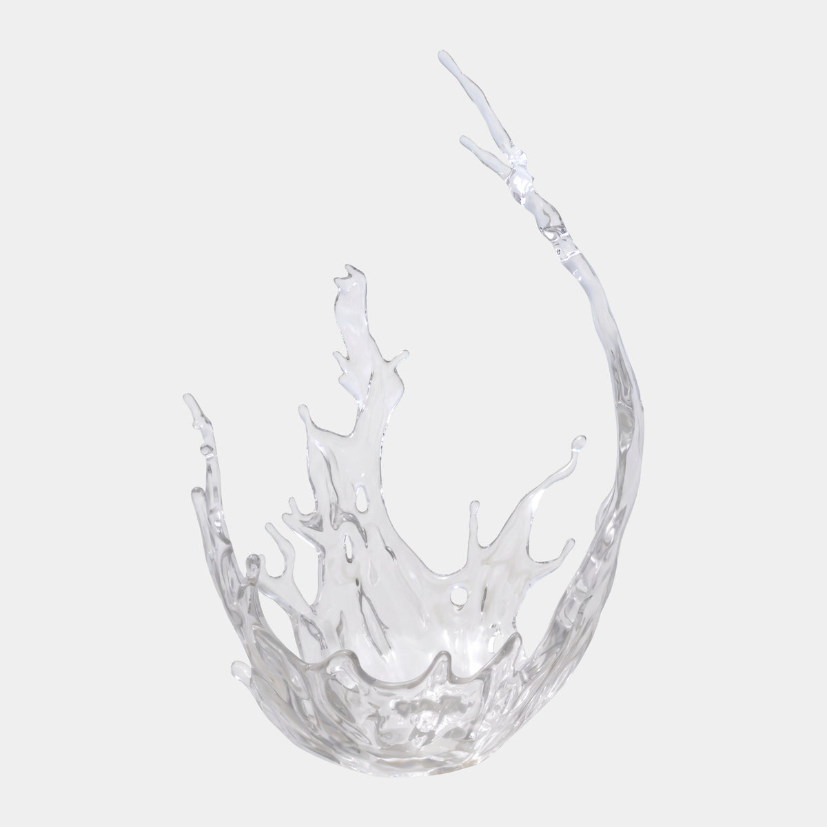 Clear Towering Crown Splash Resin Sculpture (280cm) with an open bowl base, upright water fingers, and a tall curving arm, shown on a plain white background.