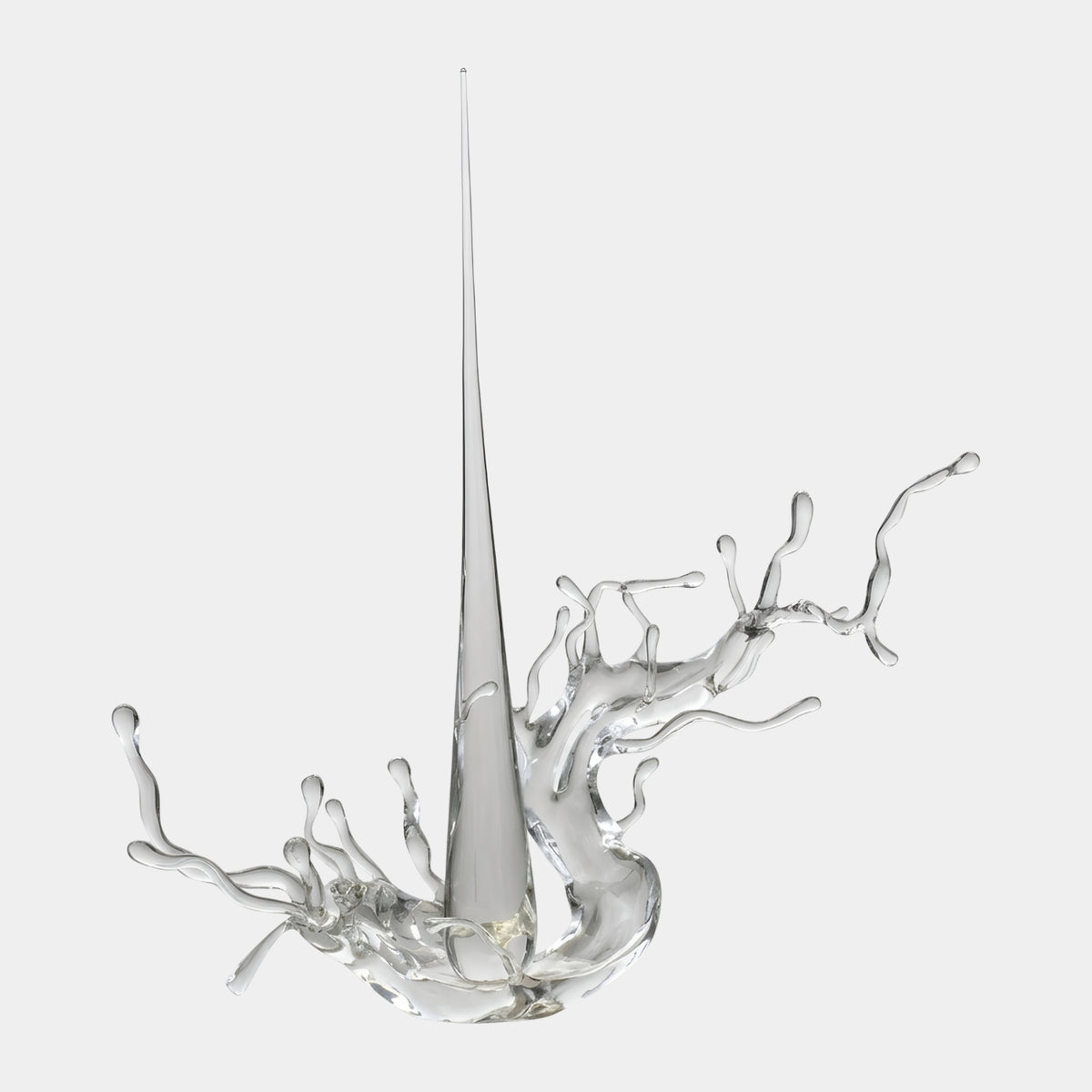 Clear Spire & Branching Splash Resin Sculpture, 210cm, with a tall needle-like spire and wide curling branching arms, shown on a plain white background.