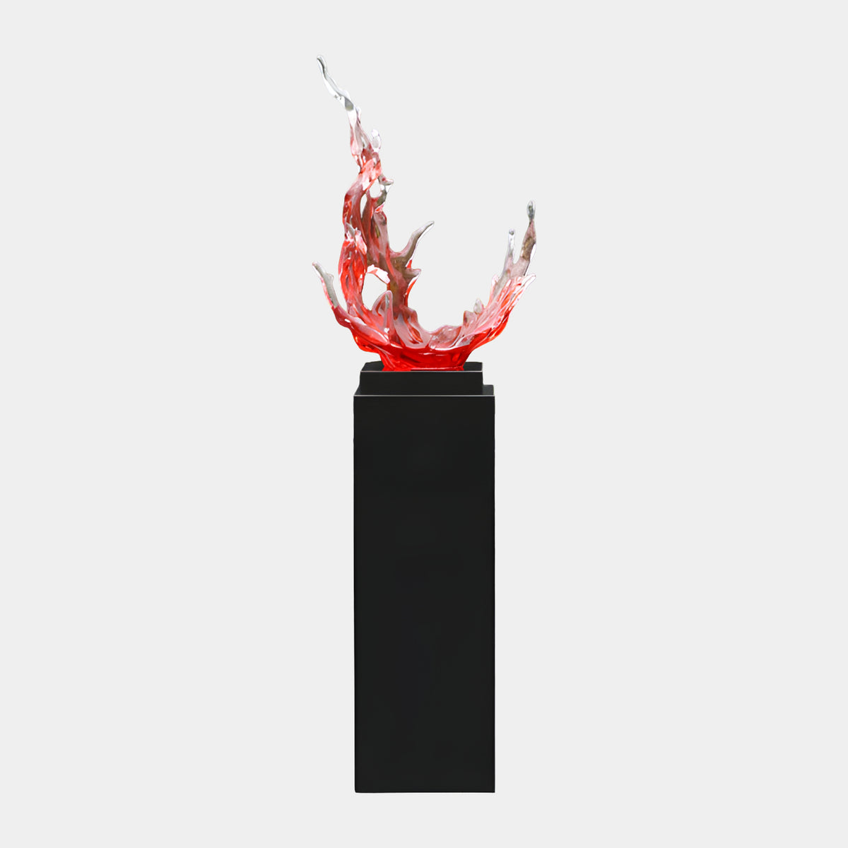 Red Splash Crown on Black Plinth Resin Sculpture - 160cm, a wave-like red crown fading to pink and clear tips, on a tall black plinth against a plain white background.
