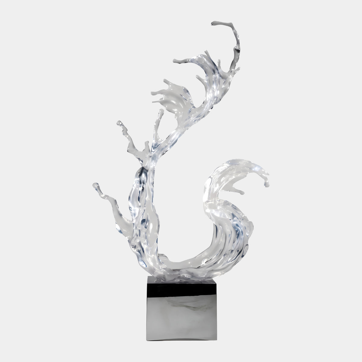 Clear Twin Plume Splash on Steel Cube Resin Sculpture (207cm), two twisting clear resin wave plumes on a mirror-polished stainless steel cube base, shown against a plain light grey background.
