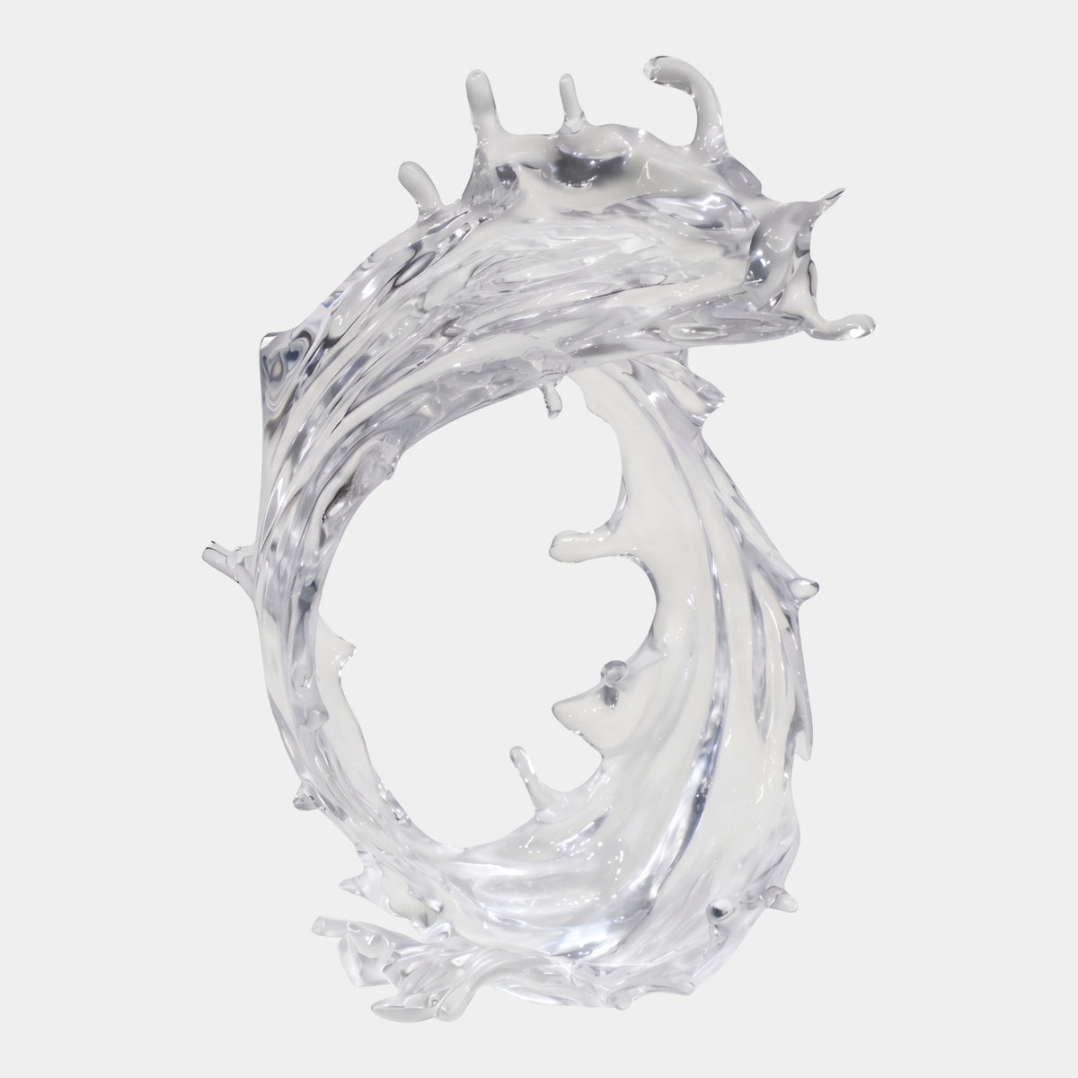 Clear Closed Curl Wave Resin Sculpture - 56cm, curling into a closed ring with a crested, spray-tipped top, on a plain white background.