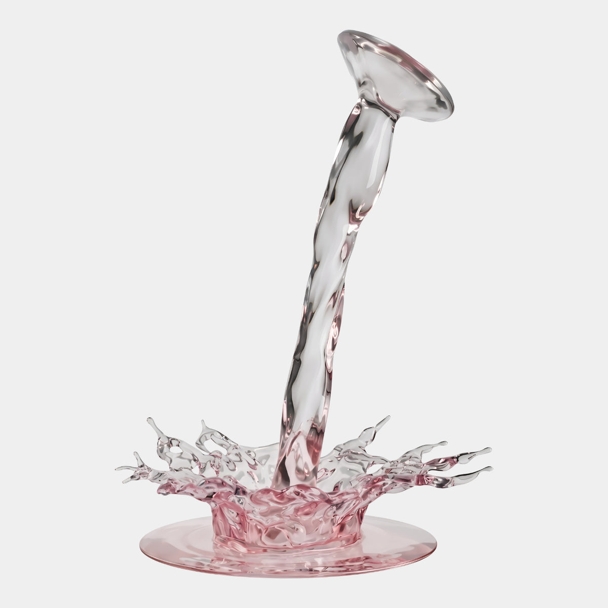 Clear & Pink Pouring Stream Splash Resin Sculpture, 261cm, showing a twisting clear resin stream falling into a pink splash crown on a flat pool base, set against a plain light background.