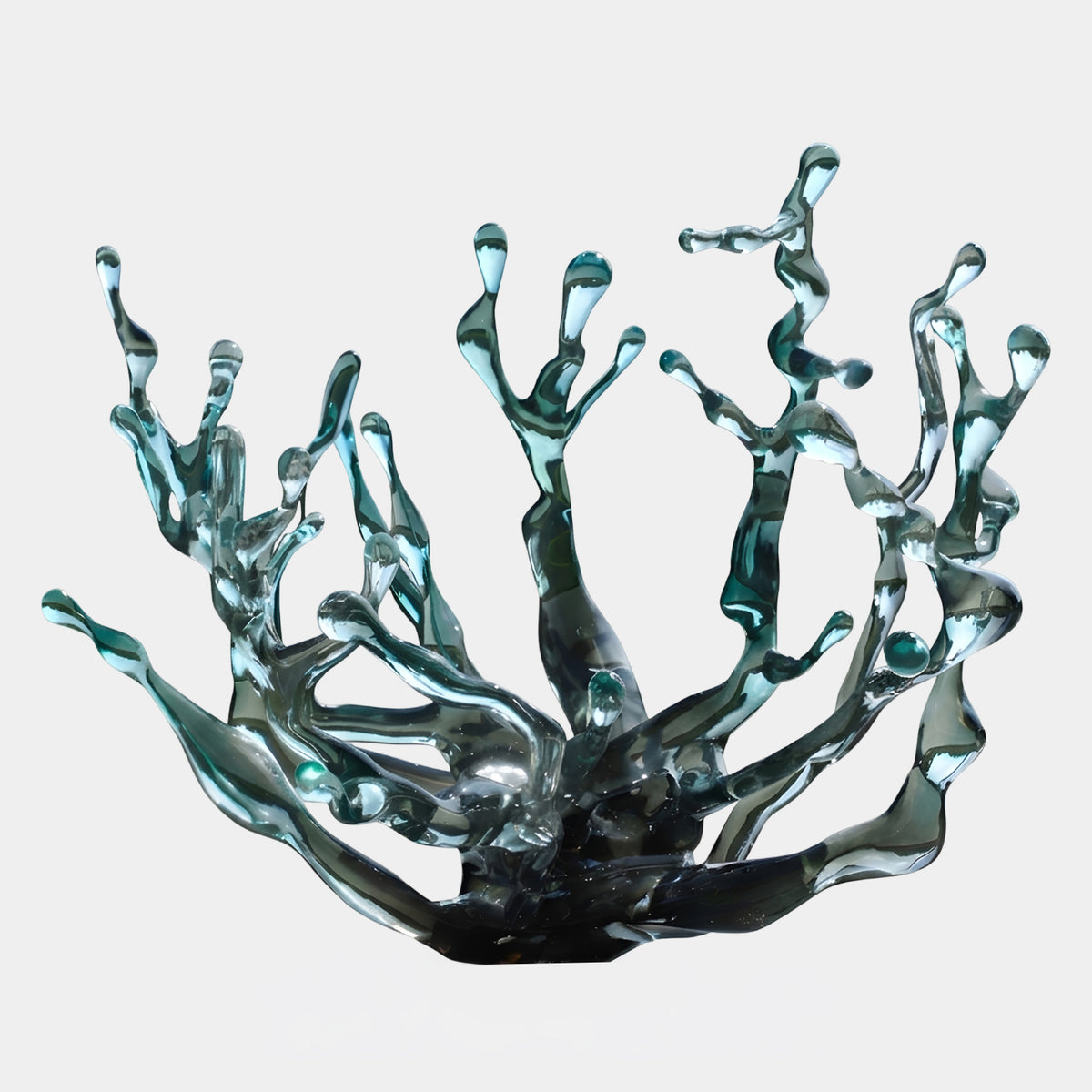 Teal Splash & Branching Fingers Resin Sculpture, 112cm, with coral-like arms fanning upward from a dark knotted core, shown on a plain white background.