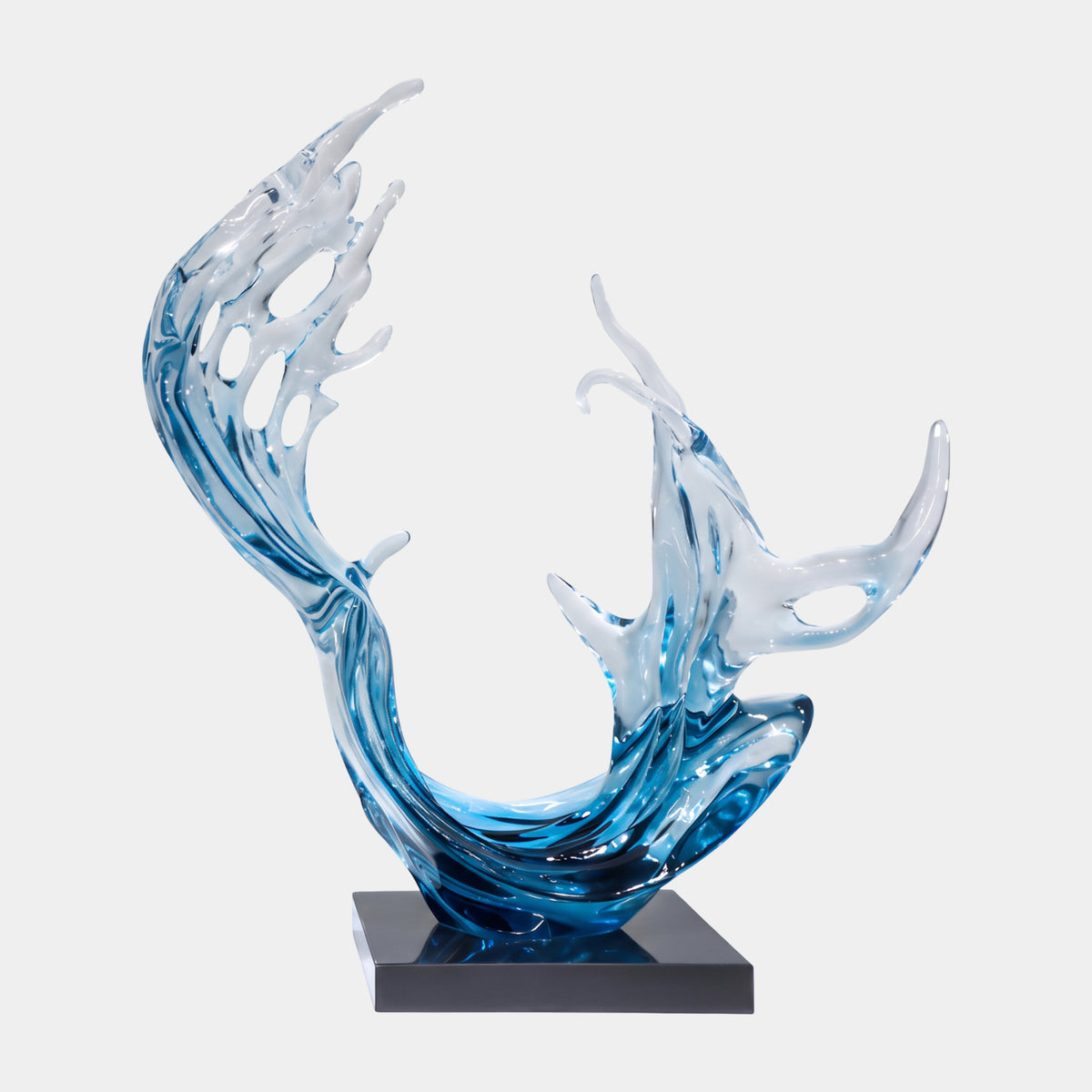 Blue Unequal Twin Crest Wave Resin Sculpture, 112cm, with two uneven curling crests over a dipping trough on a black marble base, set against a plain white background.