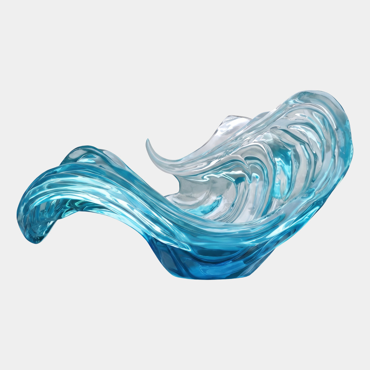Aqua & Clear Sweeping Breaker Wave Resin Sculpture - 260cm, a curling wave form in deep blue and clear resin with rippled texture, shown on a plain white background.