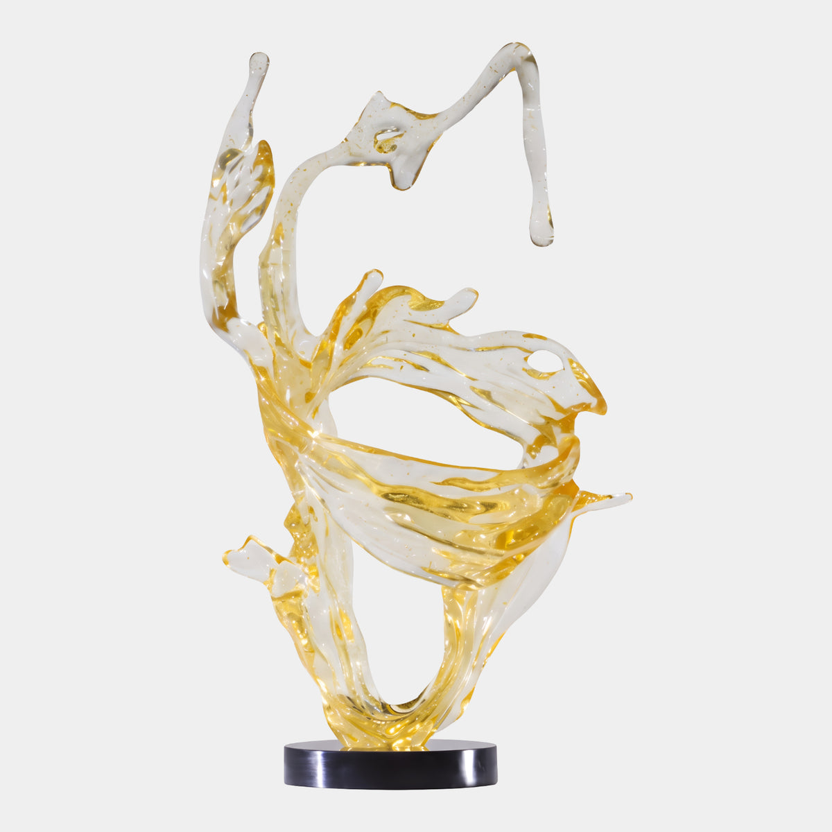 Clear & Gold Fanning Splash Resin Sculpture - 102cm, an abstract wave-like form in clear resin with gold streaks, mounted on a black round base against a plain white background.