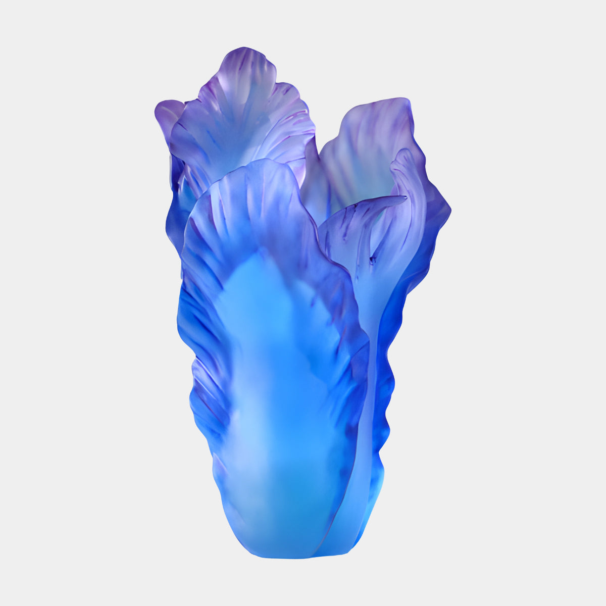 Blue Frosted Tulip Bud Resin Sculpture - 30cm, with veined petals curling outward, deep blue fading to lavender tips, on a plain light background.