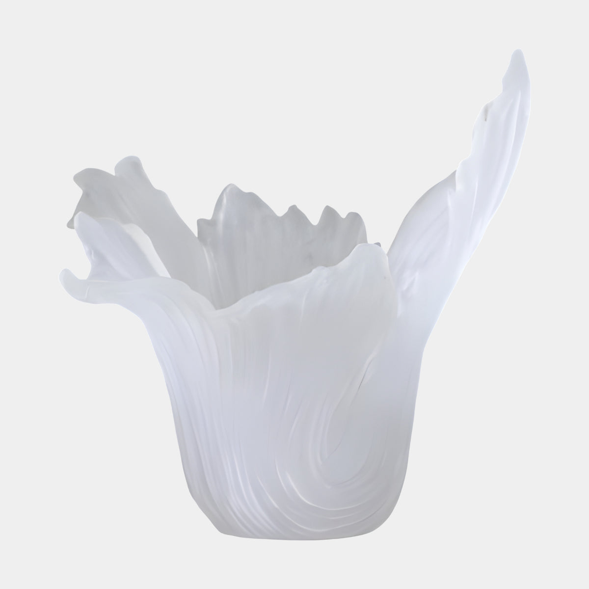 White Translucent Lobed Cup Resin Sculpture - 30cm with grooved, wave-like sides and two uneven pointed lobes, shown on a plain white background.