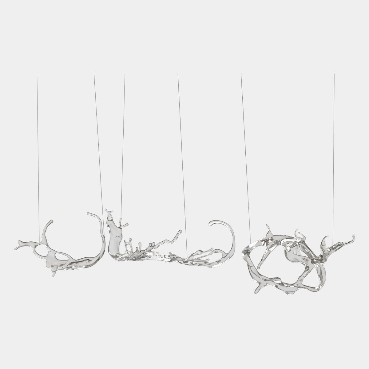 Clear Three-Part Hanging Splash Resin Sculpture - 230cm, three wave-like clear resin forms suspended by thin wires against a plain white background.