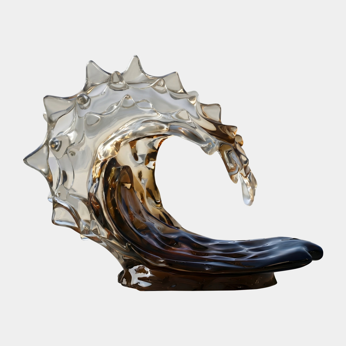 Smoked Brown & Clear Crowned Curl Wave Resin Sculpture, 120cm, with spiked clear curl and dark brown base, shown on a plain white background.