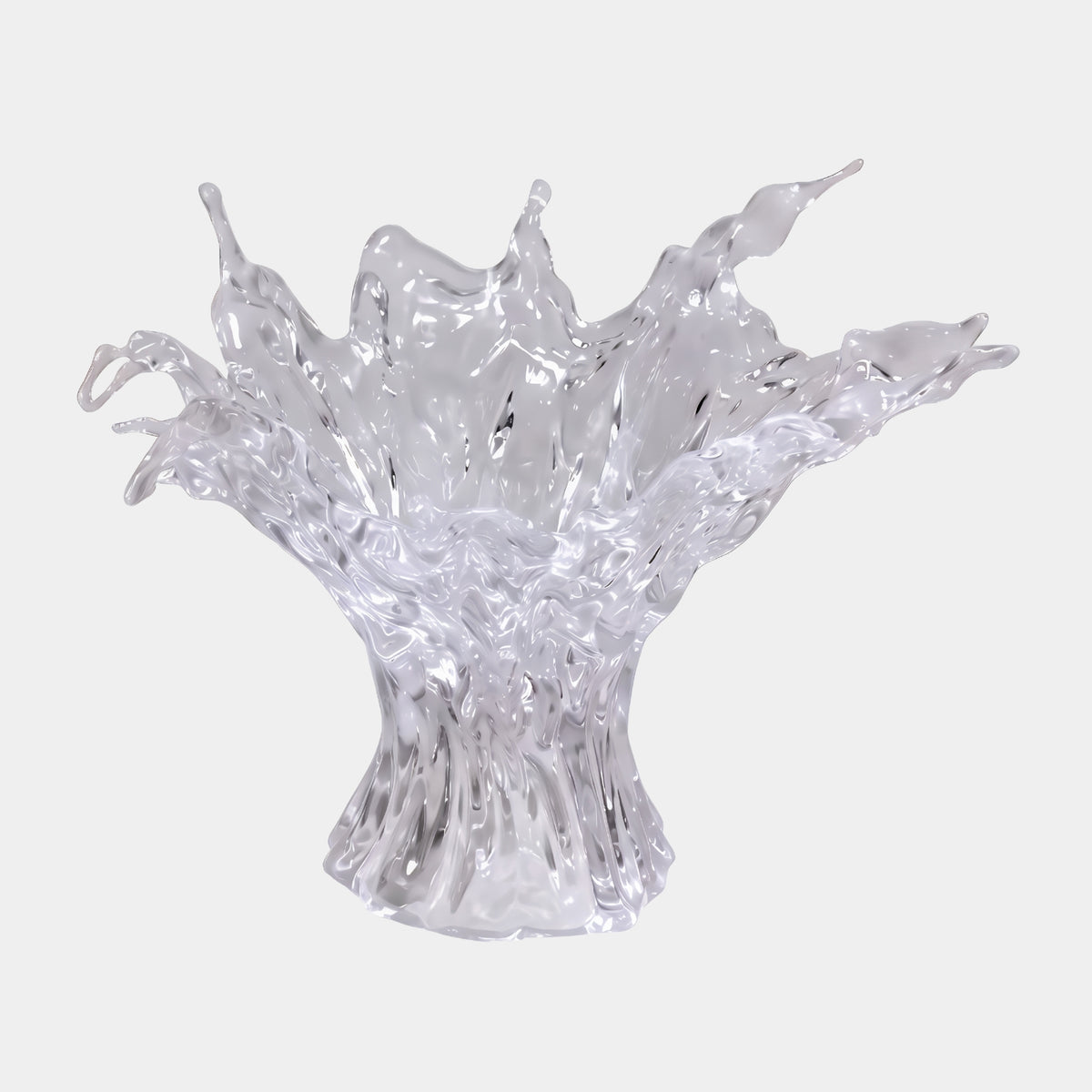 Clear Fluted Column Splash Resin Sculpture, 130cm, resembling a water splash with a flared base and rippling crown of spray, shown against a plain white background.