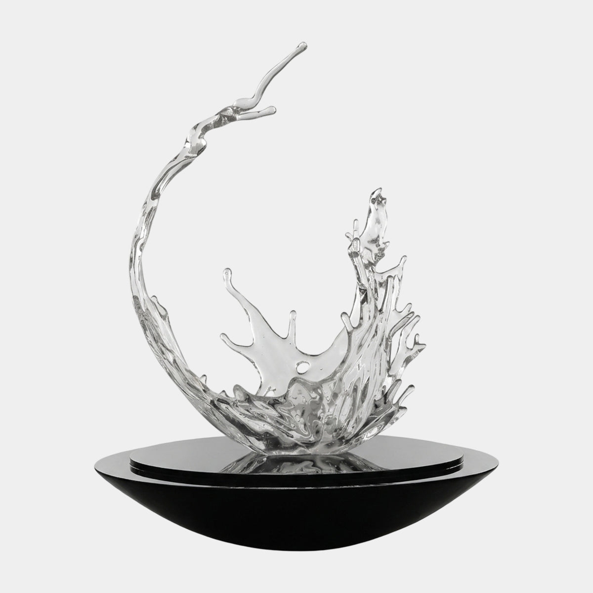 Clear Arching Plume Splash on Black Bowl Resin Sculpture, 219cm, clear resin water splash with arching plume rising from a wide black fibreglass bowl, shown on a plain white background.
