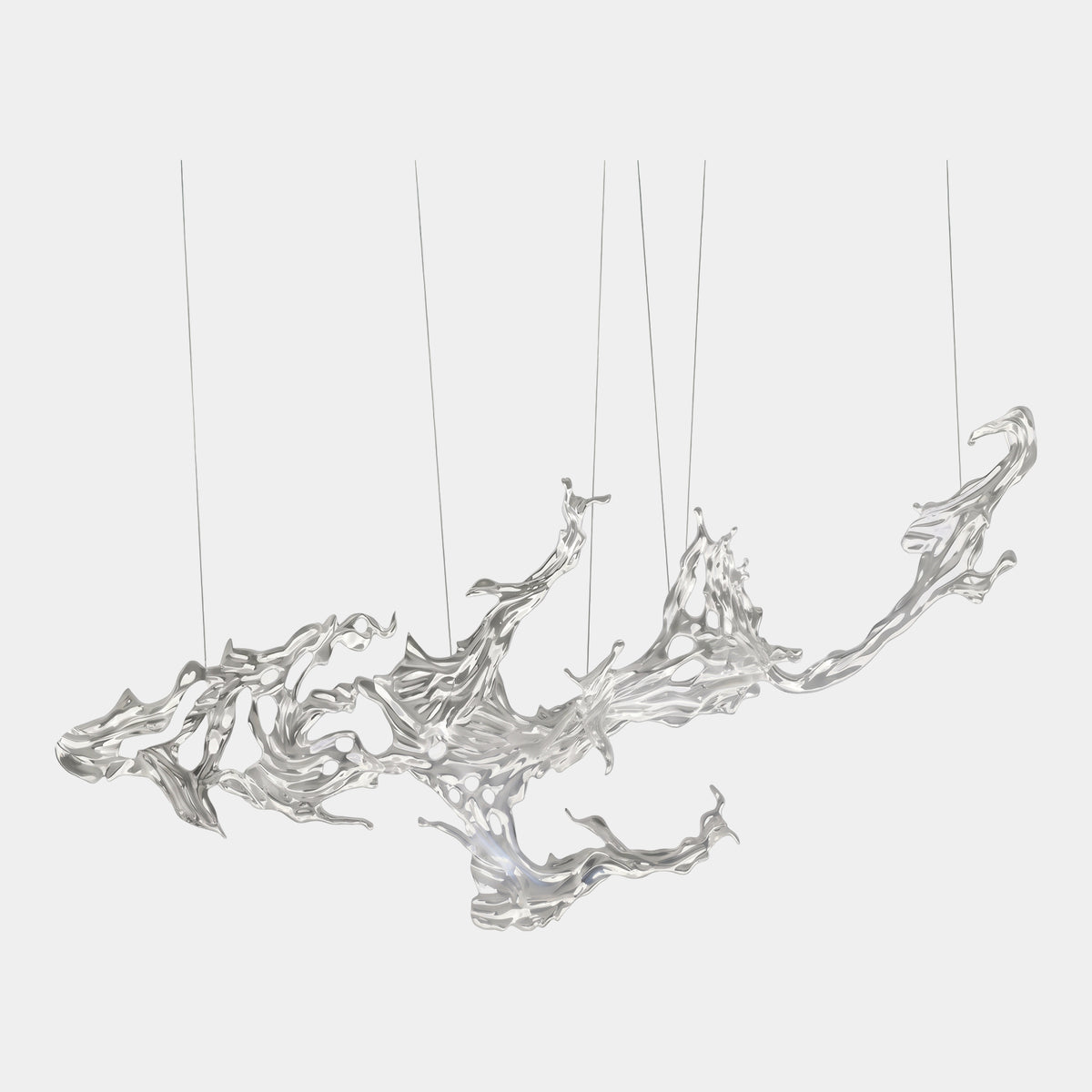Clear Pierced Lace Hanging Splash Resin Sculpture, 320cm, wave-like form with lace-like openings suspended on wires against a plain white background.