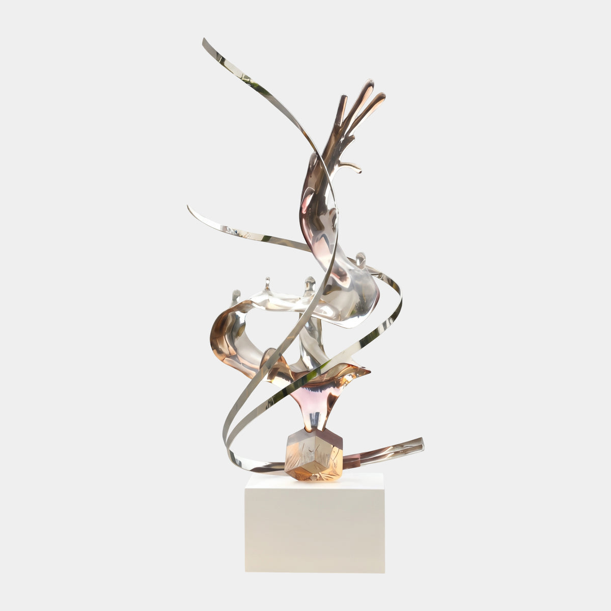 Amber & Clear Ribboned Splash Resin Sculpture, 190cm, with polished metal ribbons spiraling around a splash form on a white marble base, plain light background.