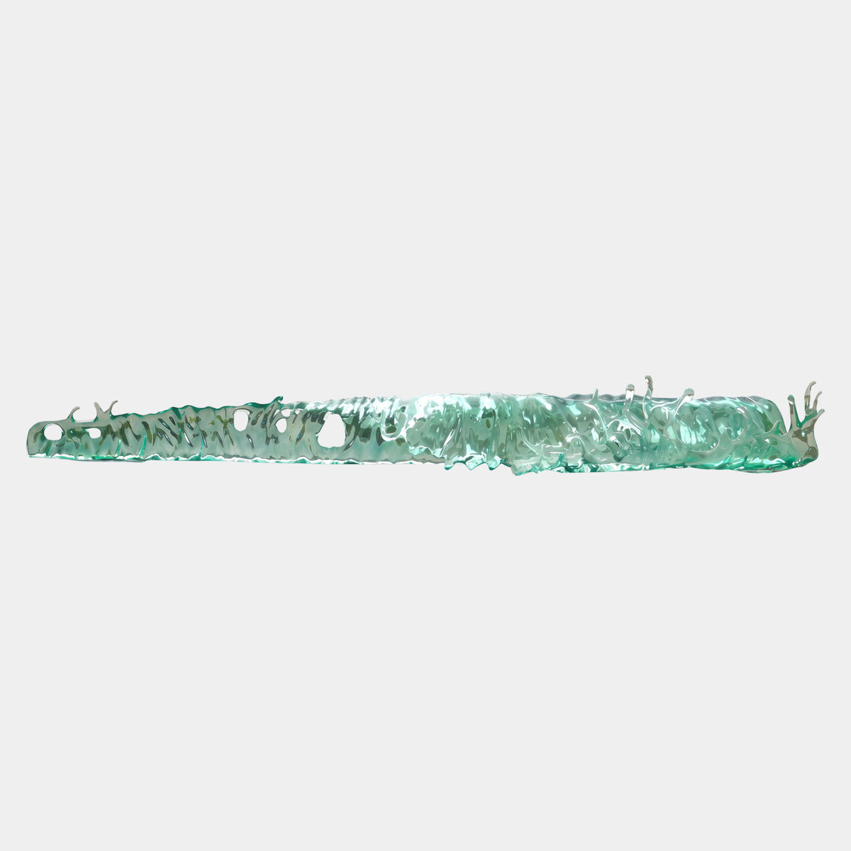 Sea Green Pierced Wave Bar Resin Sculpture (356cm) by Giant Sculptures, a long rippling green resin bar with rounded openings and upright spray-like spikes, shown on a plain white background.
