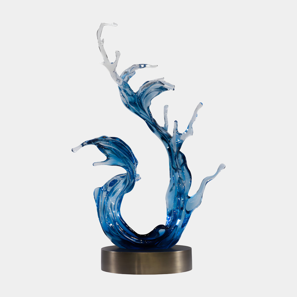 Blue Splash on Bronze Cylinder Resin Sculpture, 120cm, with wave-like arms rising from deep blue to clear at the top, set on a round bronze base against a plain white background.