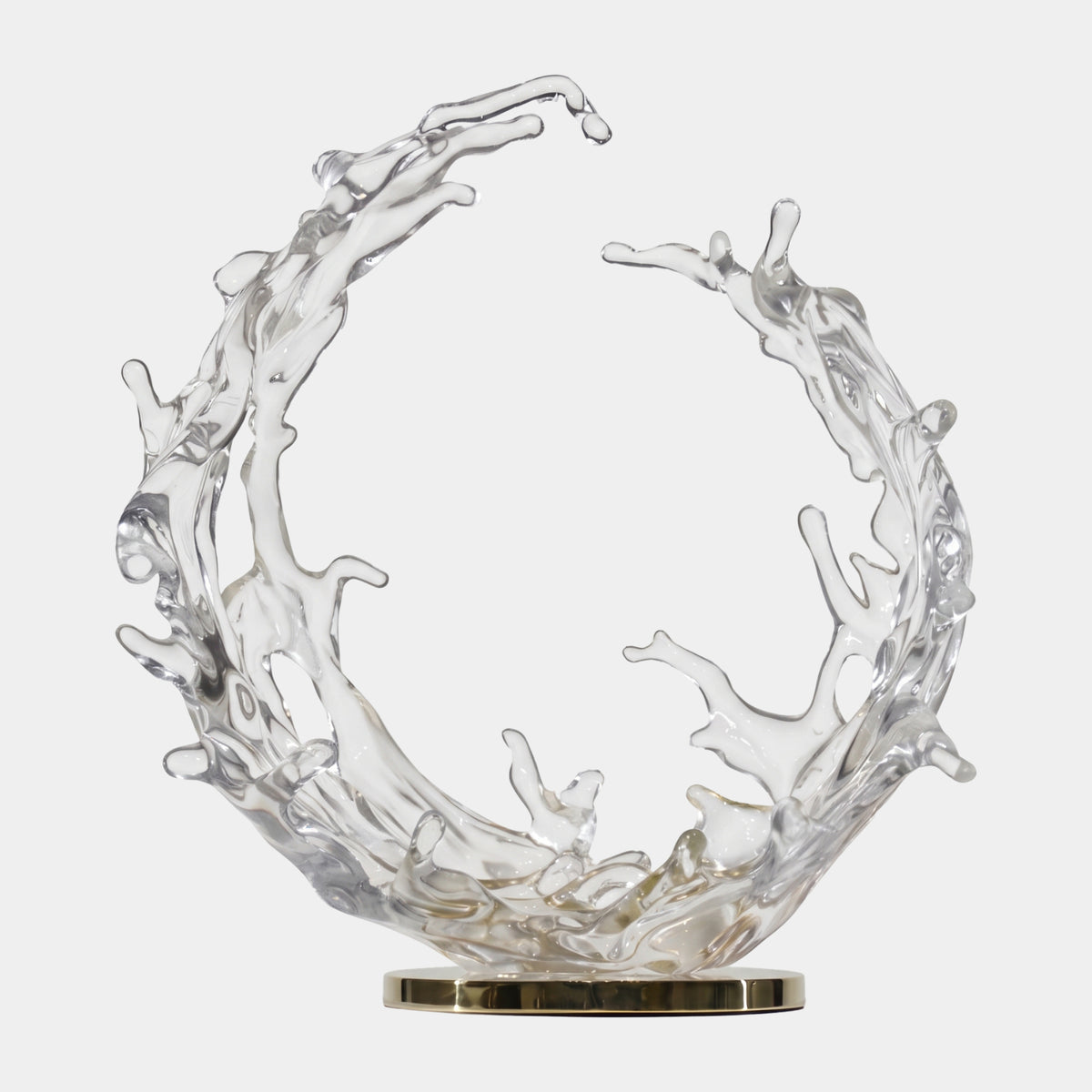 Clear Splash Ring on Gold Disc Resin Sculpture - 67cm, a ring-shaped splash in clear resin on a polished gold-toned steel disc base, shown against a plain white background.