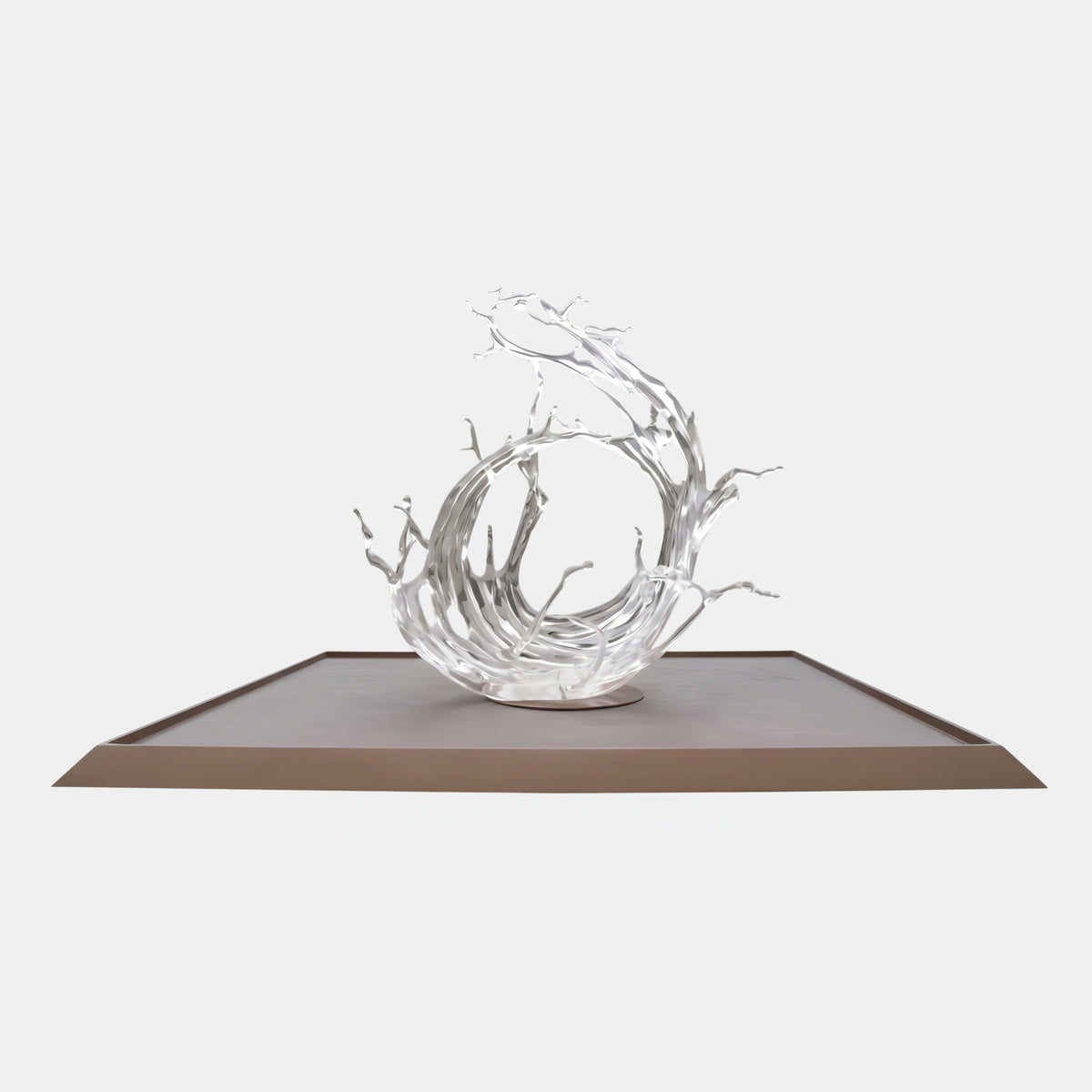 Clear Swirling Vortex Ring Resin Sculpture, 230cm, a clear wave-like vortex with branching spray on a round base, shown on a platform against a plain light background.