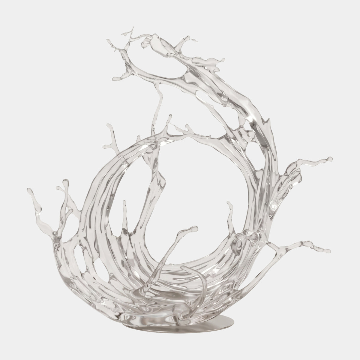 Clear Swirling Vortex Ring Resin Sculpture, 230cm, a ring-shaped wave of clear resin with branching spray and droplets on a steel base, plain white background.