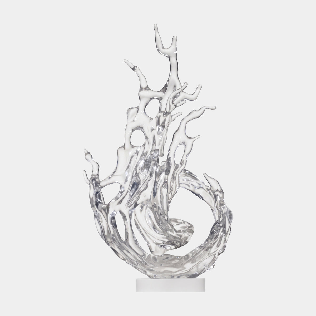 Clear Widening Then Closing Splash Resin Sculpture, 126cm, on a white marble base with a curling wave and forked, hole-pierced spray, shown against a plain light grey background.