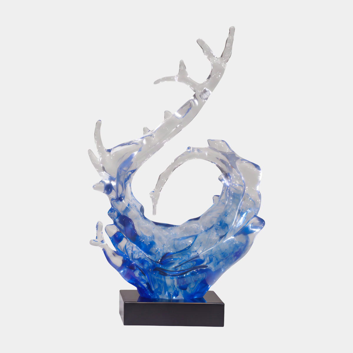 Blue Ring & Branching Arm Cast Resin Sculpture, 76cm, with a blue swirled ring and clear branching arm rising above, on a black base, set against a plain light background.