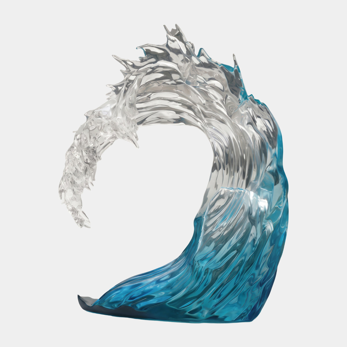 Blue & Clear Rearing Curl Wave Resin Sculpture, 150cm, curling wave form with glassy clear crest over a deep blue base, shown on a plain white background.