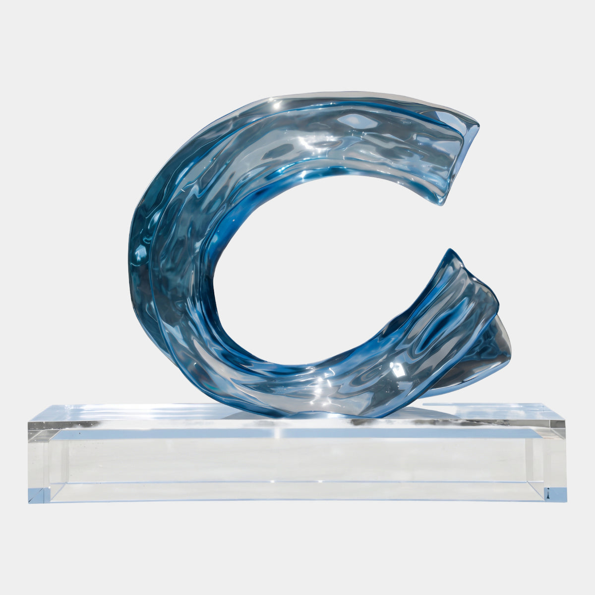 Blue & Clear C-Curl Wave on Clear Base Resin Sculpture - 130cm, a curling wave in blue resin forming a near-closed C shape on a clear acrylic base, set against a plain white background.