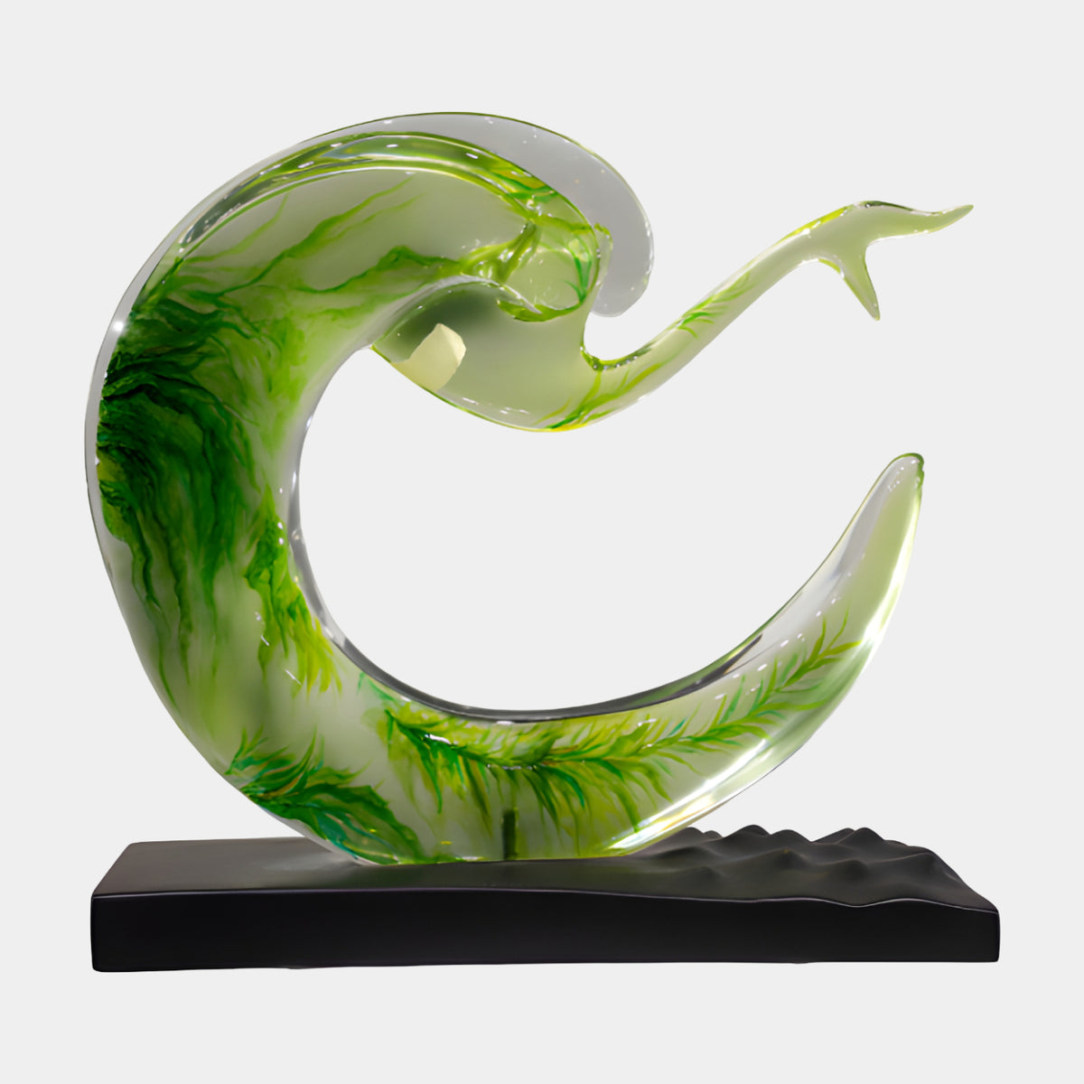 Green Stranded Wave Hook Cast Resin Sculpture, 52cm, curling hook form with fern-like green strands and a forked tip, on a black fiberglass base, plain white background.
