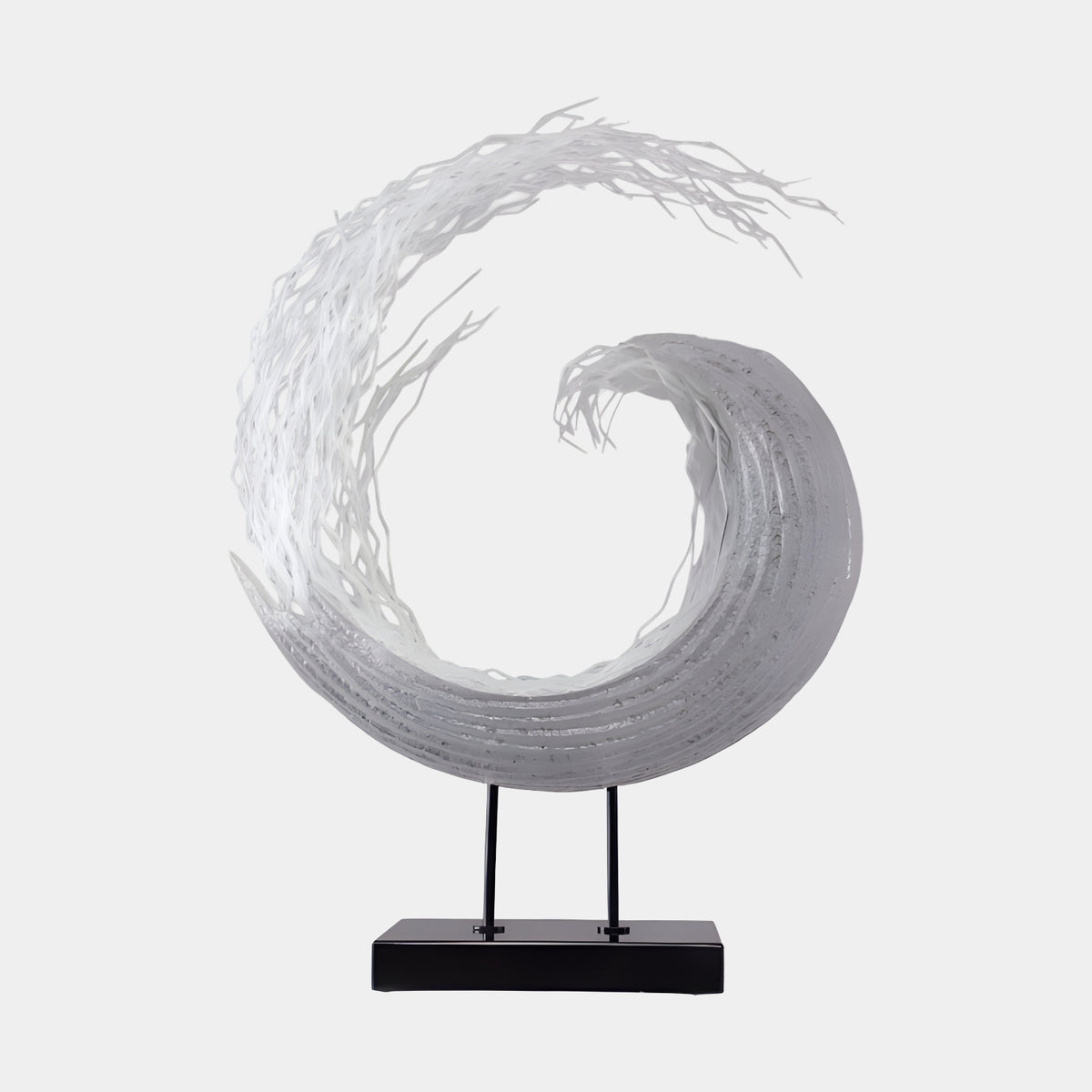 White Filament Spiral Cast Resin Sculpture, 89cm, white ridged wave coiling into fine acrylic strands, on a black metal stand against a white background.