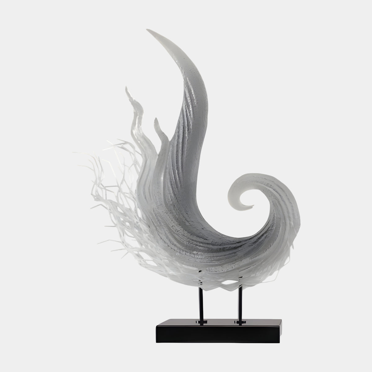 White Plume & Acrylic Filament Resin Sculpture, 84cm, curling white form with trailing filaments on a black base, set against a plain light background.